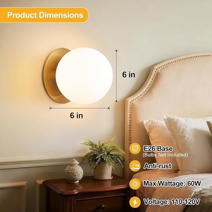 1 Pack Gold Wall Sconce, Modern Bathroom Sconce with Milky Globe Glass, Wall Light for Bathroom Mirror, Living Room, Hallway (Bulb Not Included)