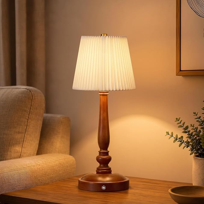 15.5'' Wireless Table Lamp, 5400mAh Rechargeable Small Bedside Lamp, White | Wood Base, Fabric Lampshade, Built-in LED, 3 CCT, Stepless Dimming, Memory Function, Nightstand Lamp for Bedroom, Living Room