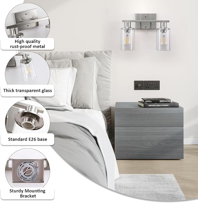 Brushed Nickel Bathroom Light Fixtures Over Mirror,2-Light Bathroom Vanity Light with Clear Glass Shade,Modern Farmhouse Wall Sconces Lighting for Mirror Kitchen Living Room Cabinet