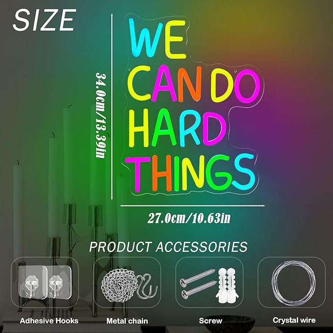 We Can Do Hard Things Neon Sign, LED Motivational Neon Lights for Wall Decor, Dimmable Positive Quote Neon Lights for Classroom, Kids Room, Bedroom, Library, Birthday Party Decoration