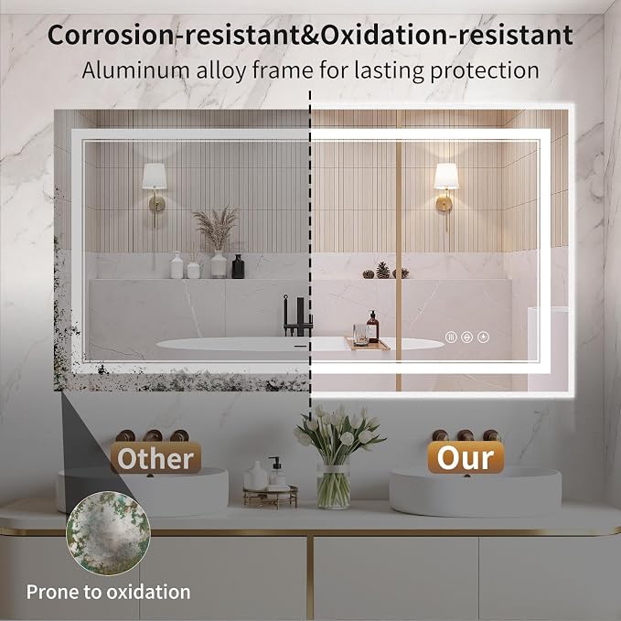 30"x50" LED Bathroom Mirror with Lights, Front & Backlit, Anti-Fog | Lighted Mirror with Dimmable, Aluminum Frame, 3 Color Temperature, CRI 90+, Touch Control with Memory, HD Tempered Glass