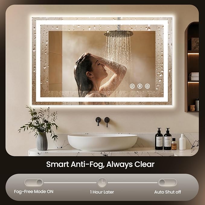 48x40 LED Bathroom Mirror with Anti-Fog, Backlit & Front Lit, Memory | Stepless Dimmable 3 Color CRI 95+ Shatterproof Tempered Glass ETL Listed for Safety Lighted Bathroom Vanity Mirror for Wall