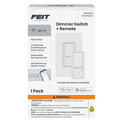 Feit Electric Smart WiFi Dimmer Switch with Remote, Single-Pole/3-Way/4-Way, Voice Control with Alexa & Google Asst, Wireless Wall-Mount Remote, App Control, Neutral Wire Required