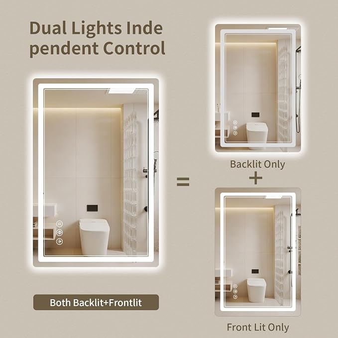28"x36" LED Bathroom Mirror with Lights, Backlit + Front Lit, Anti-Fog, Lighted Bathroom Mirror for Wall, HD Shatterproof Tempered Glass, Dimmable, Memory Function (Horizontal/Vertical)