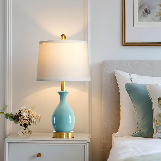 24" Aqua Blue Ceramic Table Lamps Set of 2, Modern Classic Bedside Lamps for Bedroom Nightstand, Small Table Lamp for Living Room End Table (2 LED Bulbs Included)