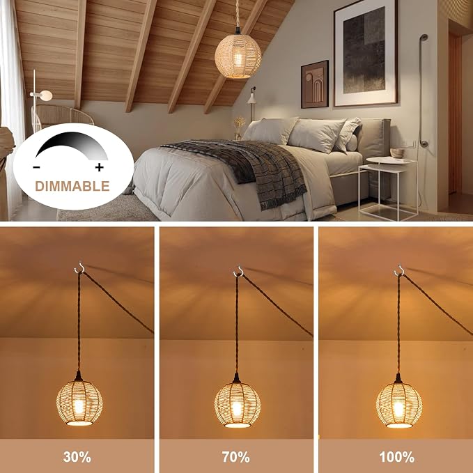 15ft Plug in Pendant Light with Cord Dimmable Switch | Rattan Hanging Lamp with Hand Woven Wicker Plug in Chandelier Boho Hanging Lights Fixture for Bedroom kitchen Hallway Foyer