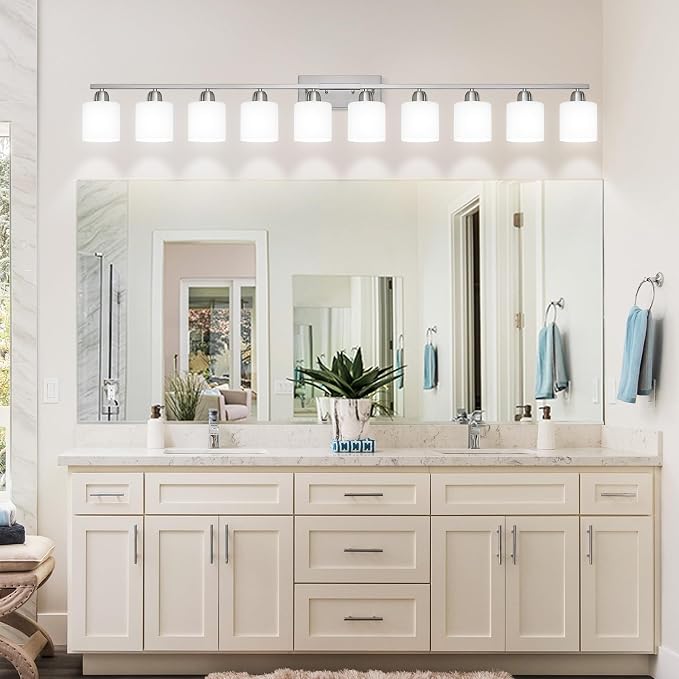 Brushed Nickel Bathroom Sink Lighting Fixtures for Giant Mirror, Anti-Rust Finish 65 inch 10 Light Bathroom Vanity Light Fixtures Modern with Milky White Frosted Glass