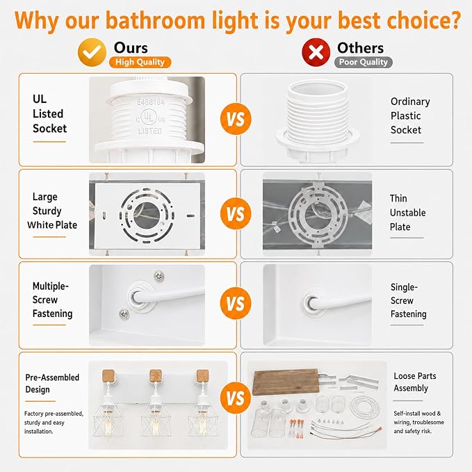 Farmhouse Vanity Light Fixture,4-Light Bathroom Lighting,White Modern Wood Wall Light Over Mirror with Metal Shade,LED Bulbs Not Included