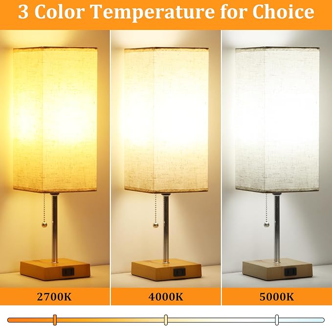 18'' Table Lamp for Bedroom set of 2,3-Color Bedside Lamps with Pull Chain | Table Lamps for Nightstand with AC Outlets,Night Light Lamps with 2 Bulbs Lamps for Living Room Kids Room Office Decor（Wood）