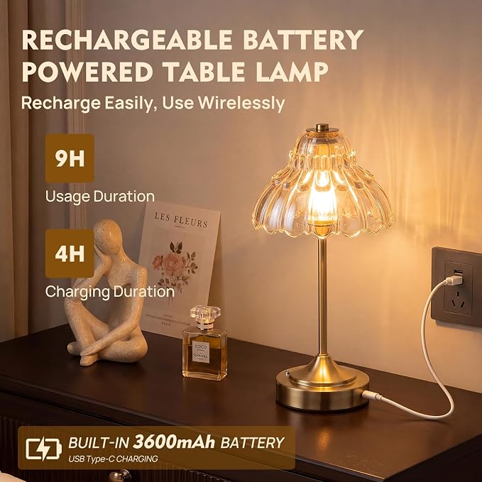 Flower Battery Operated Rechargeable Lamp Cordless, Petal, Amber | Small, Vintage, Gold, Wireless, LED, Dimmable, Table, Home Decor, Bedroom, Bedside, Nightstand, Birthday Gifts for Women