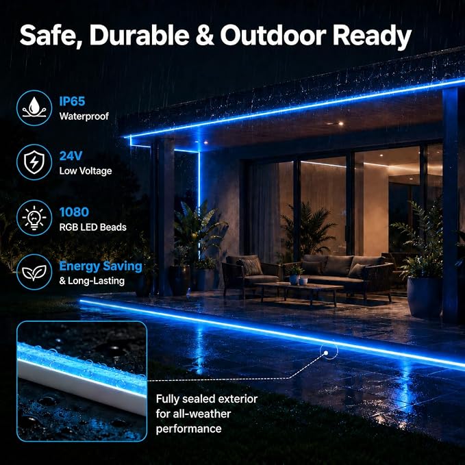 Neon Rope Light 50FT, Flexible RGB Neon LED Strip, IP65 Waterproof | Control with App/Remote, Multi Modes, Music Sync LED Rope Lights for Bedroom, Game room, Party, Patio, Indoor Outdoor Decor