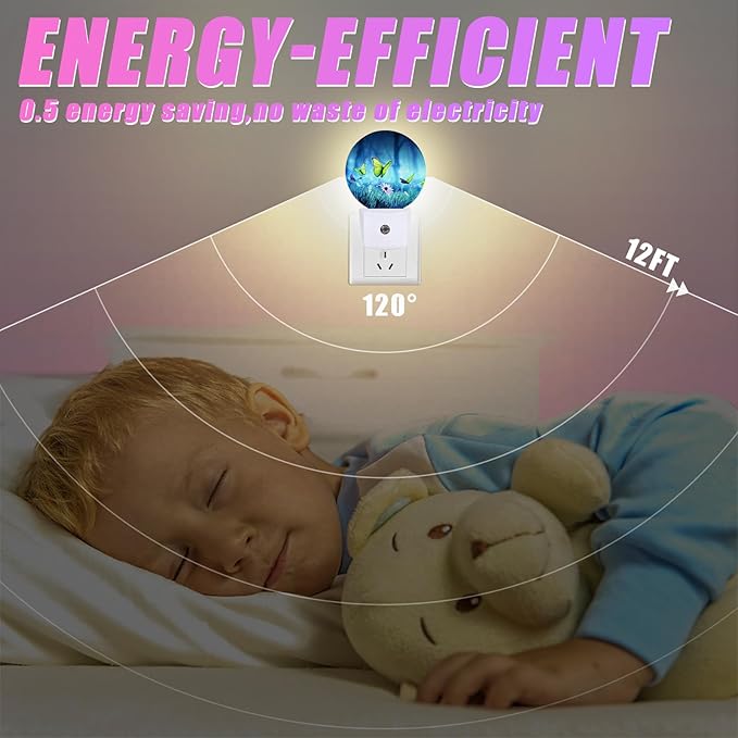 Butterfly Night Light Misty Forest Night Lights LED Lamp Round Plug into Wall Nightlight with Dusk to Dawn Sensor Home Hallway Stairway Kitchen Decor