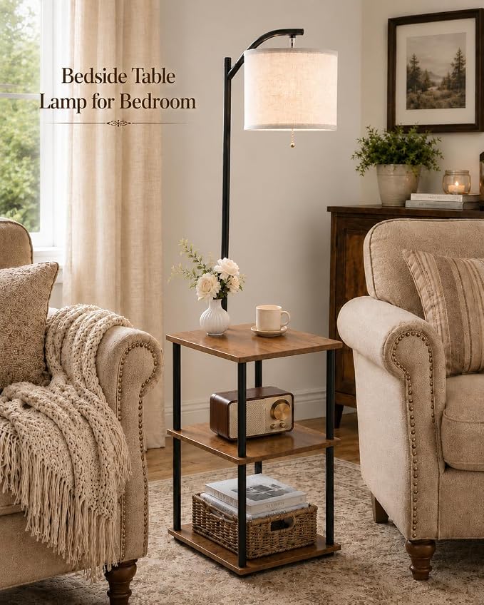 GERGO Floor Lamp with Table, Side Table for Living Room, 3 CCT 9W LED Bulb | Adjustable Linen Shade & Pull Chain, Modern Coffee End Table, Night Stand with Storage Shelves for Bedroom, Office Home Décor