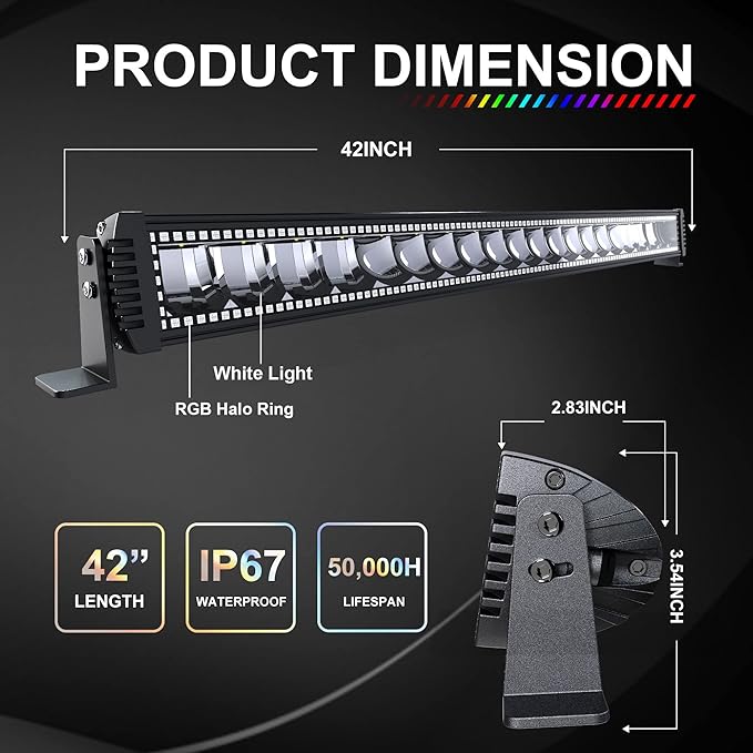 Lpteso RGBW LED Light Bar 42'' inch 240W Flood Spot Combo Beam 2PCS 4 Inch 18W Flood RGB LED Pods with 16 Solid Colors Chasing RGB Halo Ring Changing with Strobe Flashing with Rocker Switch Wiring
