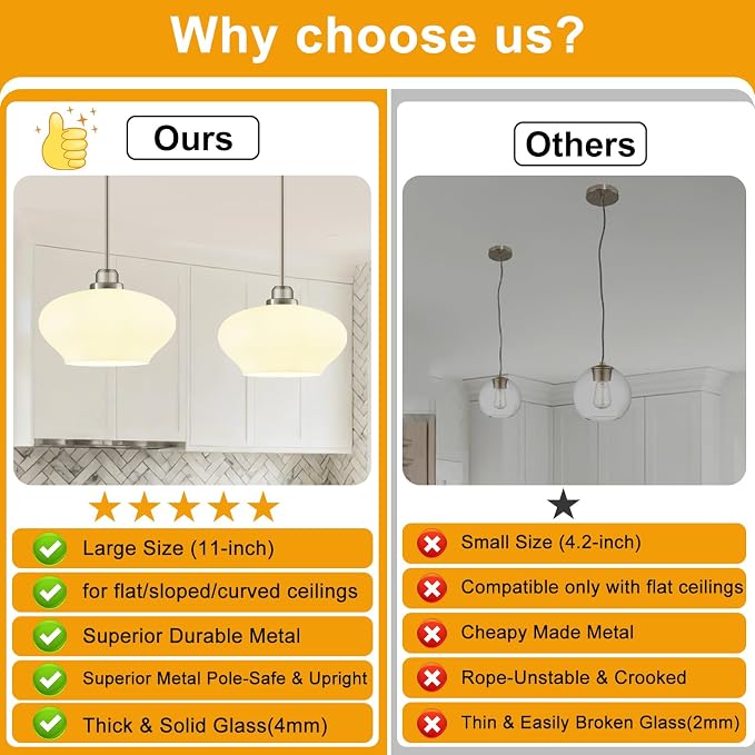 Modern Pendant Lights Kitchen Island, Brushed Nickel Pendant Light Fixtures with 11" Milk Glass Shade, Industrial Hanging Pendant Lights Fixture for Kitchen Island Dining Room Bedroom Hallway Entryway