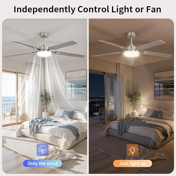 60 Inch Ceiling Fans with Lights and Remote, Living Room Office Industrial, 5CCT Dimmable, Dual Color 5 Blades, 6 Speed Reversible Quiet DC Motor, Double-Layer Lampshade, Sand-nickel/Wood Grain