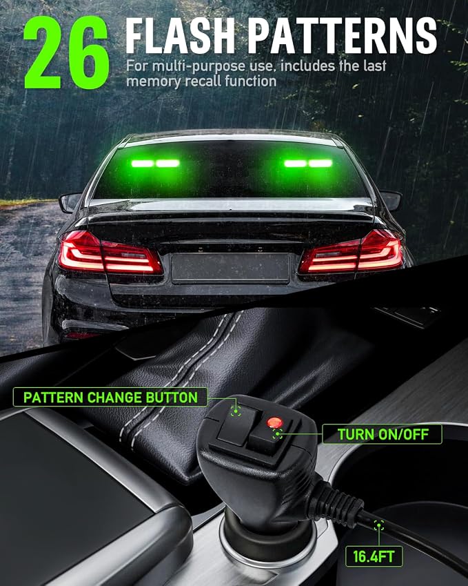 HLauto 1002L Emergency Strobe Traffic Advisor Light Bar: 40 LED Dash Safety Warning Flashing Light, Front/Rear Windshield Visor Lights for Construction Vehicle, Tow/Plow Truck (2x10.7inch, Green)