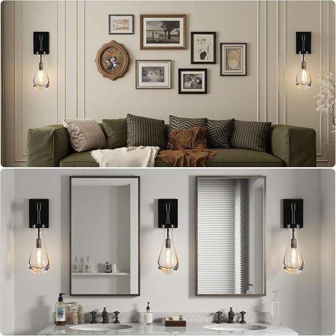 Raindrop Brass Crystal Wall Sconce: Modern Black Clear Solid Bathroom Light | Luxury Indoor Light Fixtures with Bulbs, Dimmable Vanity Sconces for Bedroom Living Room Hallway Bedside Lighting