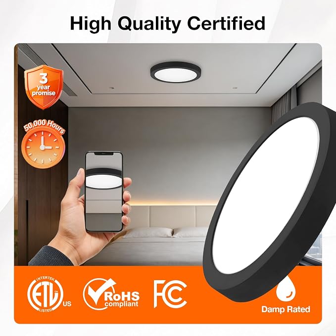 Sylvania 12" LED Flush Mount Ceiling Light Fixture, 24W, 1600 LMS, Hardwired, 3000K, Warm White, Black, LED Lights for Bedroom Kitchen Hallway Porch - 1 Pack (66459)