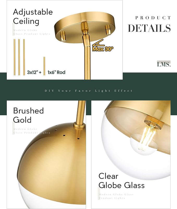Mid Century Pendant Light Fixtures, Brushed Gold Farmhouse Pendant Light with Clear Globe Glass Shade, Adjustable Hanging Rod Ceiling Light for Dining Room Bathroom Kitchen Island, LMS-186BGC