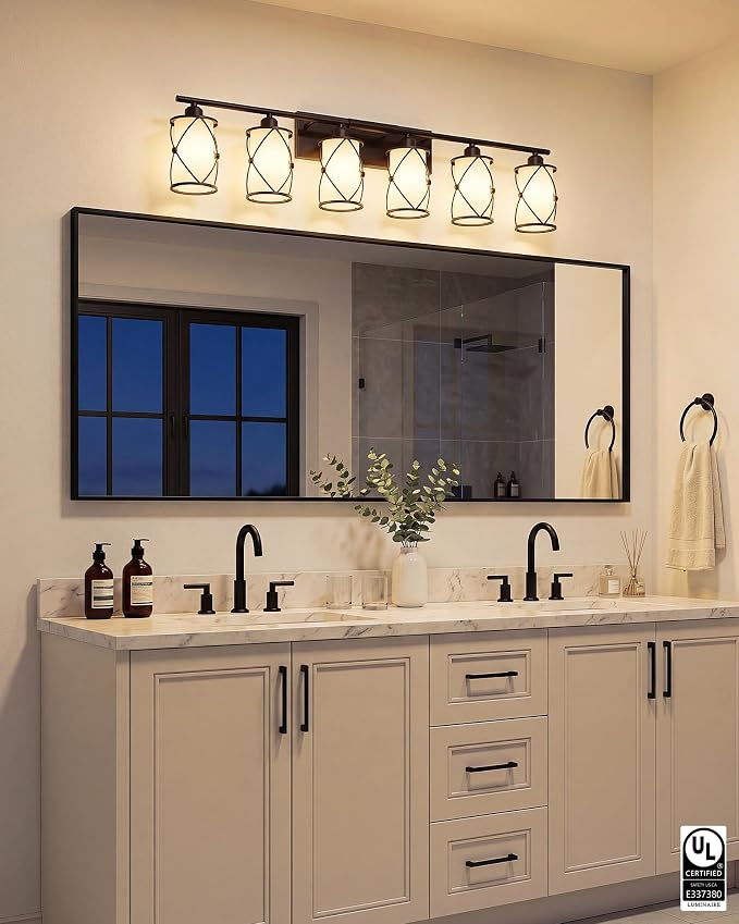6-Light Oil Rubbed Bronze Bathroom Light Fixtures with Milk Frosted Glass, 42" Modern Bathroom Vanity Lighting Fixtures Over Mirror with Metal Cage, Wall Sconce Lights for Bath, CH9176ORBW-6W