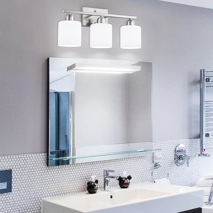 4 Light Bathroom Light Fixtures, Anti-Rust Finish Brushed Nickel Vanity Lights for Bathroom with Milky White Frosted Glass Shade for Mirror Bedroom Living Room E26 Base