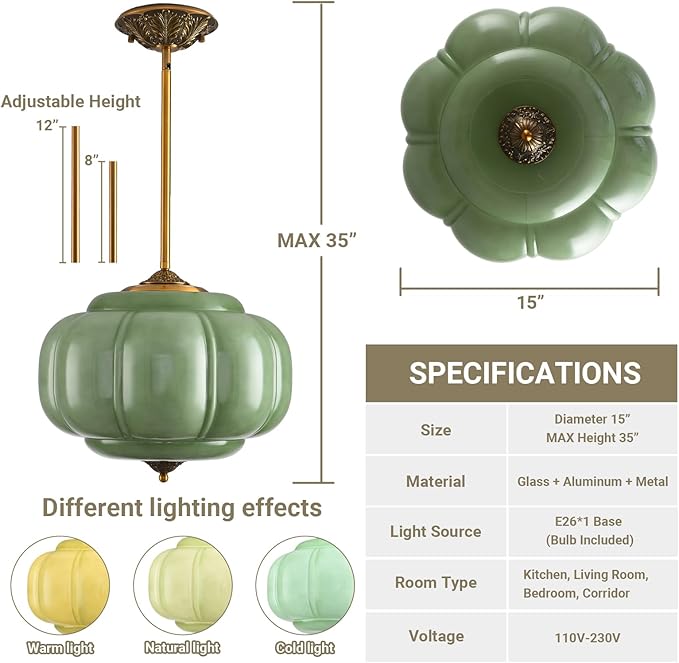 LOUSACE 15 in Vintage Milk Glass Ceiling Light Fixture, Antique Green Milk Glass Pendant Light, Mid Century Art Deco Chandelier for Kitchen Dining Room Hallway Bedroom, LED Bulb Included