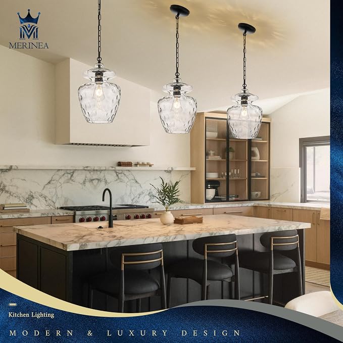 Farmhouse Black Glass Pendant Lighting for Kitchen Island, Modern 9" Hanging Light Fixture for Dining Room Kitchen Sink Entryway Hallway Bedroom, E26 Base