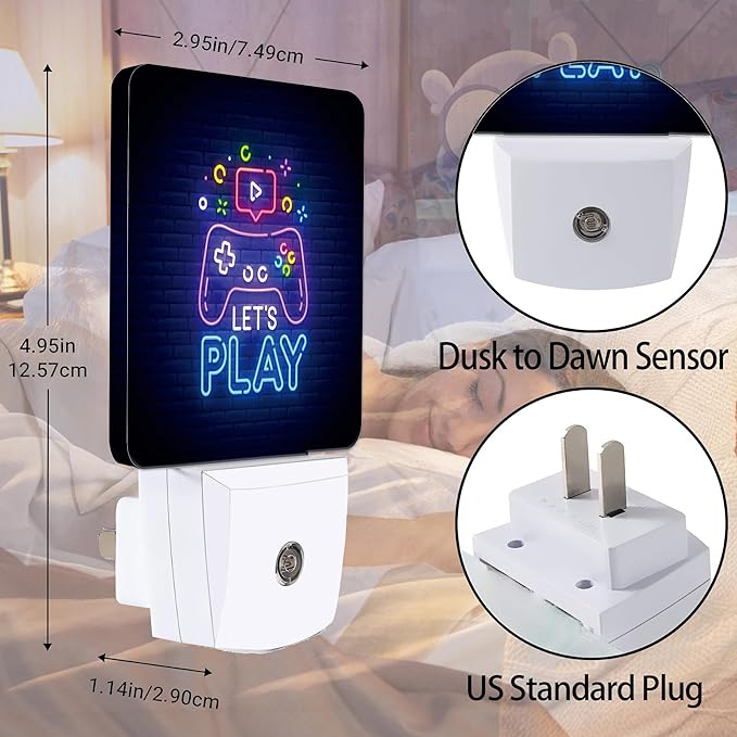 Game Neon Night Light, Let's Play Game Night Lights Plug into Wall Decor for Bedroom, Bathroom, Hallway, Kitchen, Dusk to Dawn Sensor Nightlights for Boys Girls Women Men Room Gifts