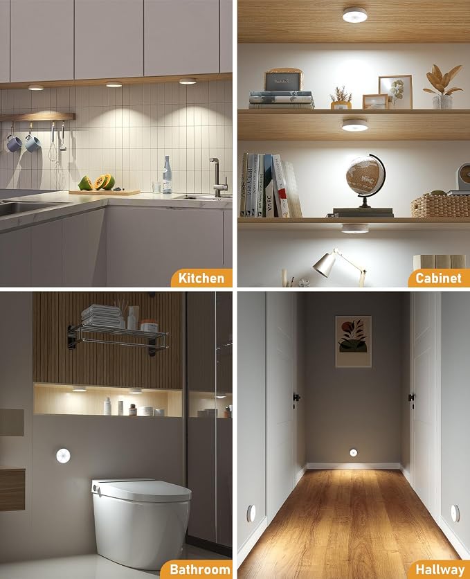 Motion Sensor Closet Lights, USB-C Rechargeable Under Cabinet Puck Lighting, Dimmable Battery Powered Step Lights for Kitchen, Stairs, Wardrobe, Auto-On/Off Night Lamp