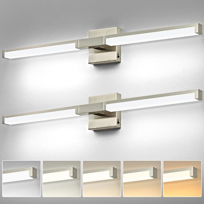 Modern Bathroom Light Fixtures Over Mirror, 32 Inch Brushed Nickel Vanity Light Bar for Bathroom, 16W 5CCT Diammable Wall Light - 2Pack