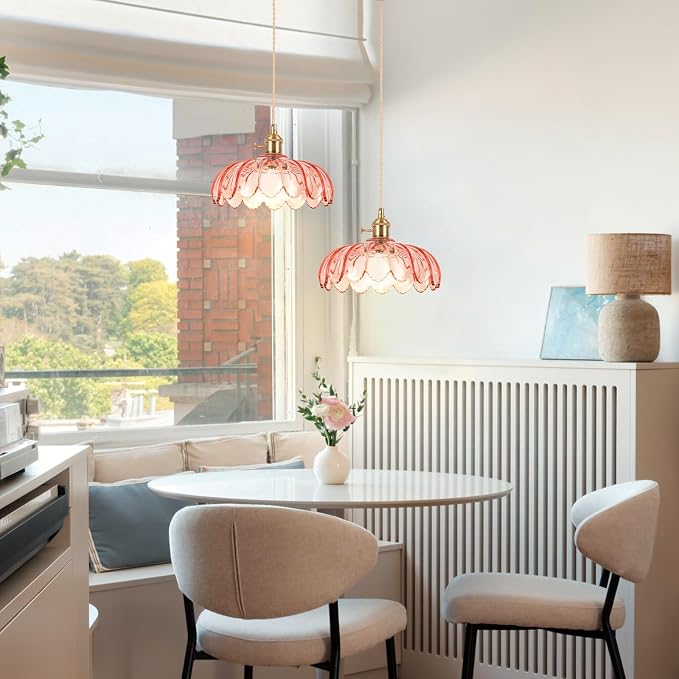 Battery Operated Pendant Light,Pink Vintage Light Fixtures RGB Rechargeable Light Bulb 2500mAh 9.8in with Remote Control Wireless Adjustable Chandelier for Kitchen Island Hallway 1 Light