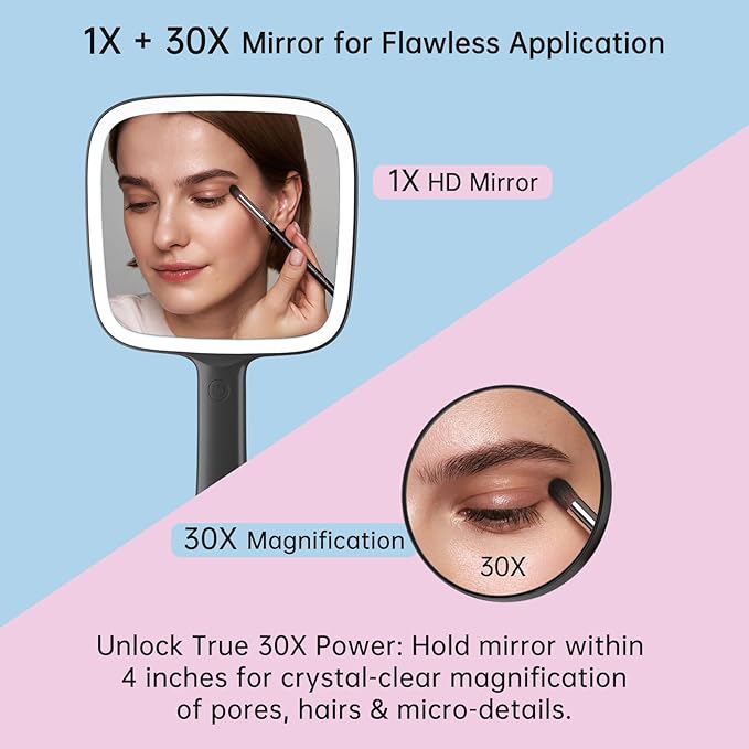 Famihomii Hand Mirror with 30X Magnifying Detachable Mirror, Lighted Handheld Mirror, Lightweight & Durable, Portable & Hangable for Makeup, Hair Styling, Shaving, Battery Operated