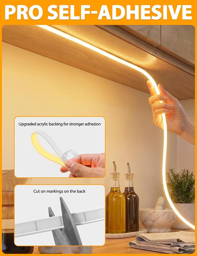 Lamomo COB LED Strip Lights 32.8Ft, Warm White Dimmable Self-Adhesive Led Rope Light with Remote, Flexible Cuttable Waterproof 3000K Silicone Neon Tape Light for Bedroom, Indoor, Cabinet, 10mm Width