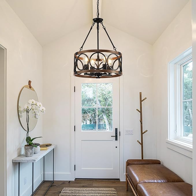 15.7'' Farmhouse Chandelier, 4-Light Walnut Wood Grain Dining Room Light Fixture Over Table, Rustic Industrial Drum Hanging Pendant Lights Fixture for Kitchen Island Bedroom Hallway Foyer Entryway