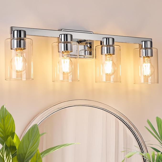 4-Light Bathroom Light Fixtures with Clear Glass, Chrome | Vanity Lights, Modern Wall Sconces, Over Mirror for Bathroom, Powder Room, Living Room