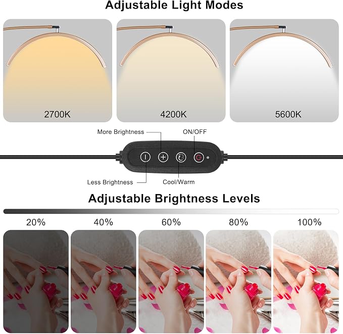Professional Half Moon LED Desk Light for Nail Techs & Artists – Flexible Gooseneck Lamp with Clamp, 3 Color Modes & 5 Brightness Levels for Manicure, Tattoo, Beauty Work