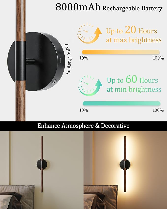 40" Battery Operated Wall Sconce Set of 2, 350° Rotating Lamp, Walnut Black | Wireless, 8000mAh Rechargeable Battery, Stepless Dimming, 3000K-6000K, Remote & Touch Control, Timer, Living Room, Bedroom
