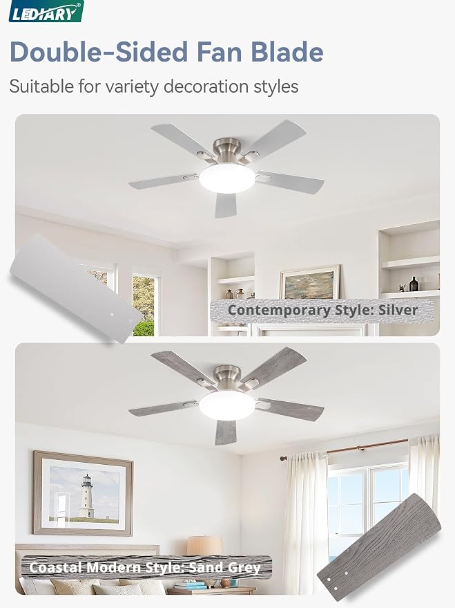 LEDIARY 42 Inch Flush Mount Ceiling Fans with Lights, Remote & APP Control | Bright Light, 3CCT, Dimmable, Memory Function, Timer, Reversible Blade, Quiet DC Motor, Damp-Rated, Bedroom, Covered Patio