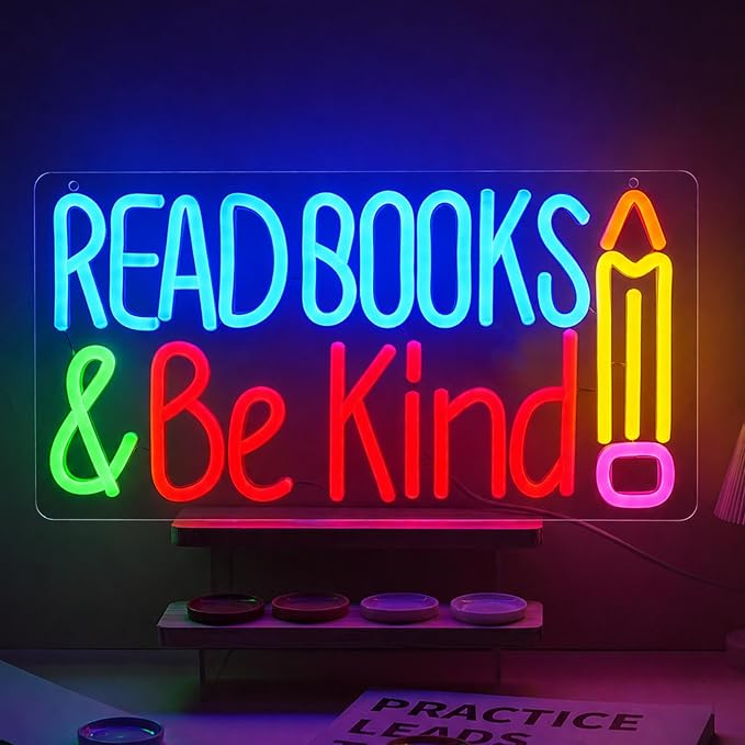 Read Books And Be Kind Neon Sign for Wall Decor Colorful Read Books Neon Light Dimmable Classroom LED Light up Signs for Study Room Bookstore Bedroom Classroom Library Decor