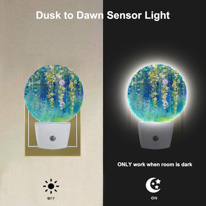 EKOBLA Green Floral Leaves Night Light, Ivy and Wisteria Blossoms Night Lights Plug Into Wall with Auto Sensor for Kitchen Bathroom