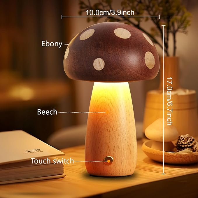 YIEONSHION LED Wood Mushroom Table Lamp, Rechargeable Cordless Touch Bedside Lamps, Wireless Stepless Dimming Night Light, Portable Battery Lamp for Bedroom Nightstand for Birthday Gifts (DMG-Big)