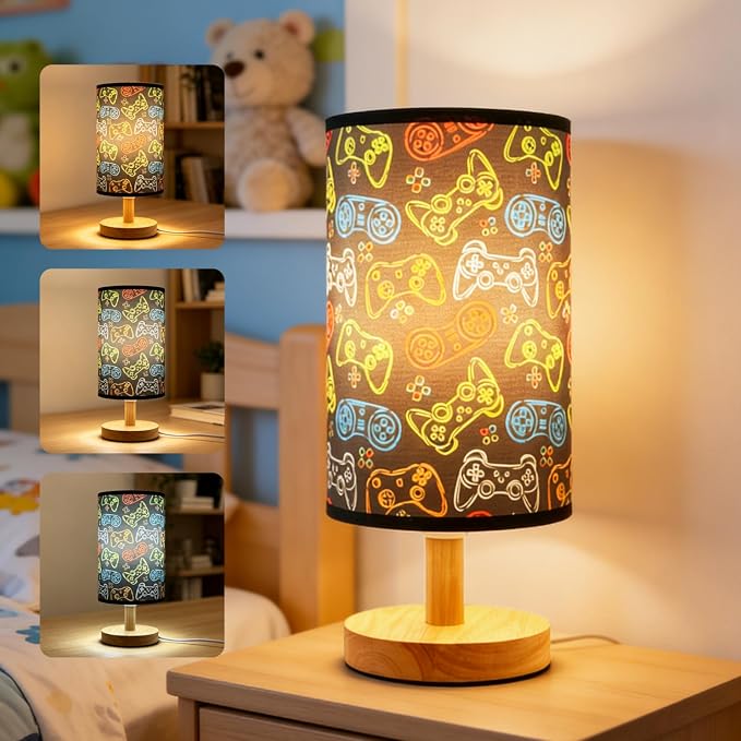 Video Game Table Lamp,Night Light for Kids Room,Cartoon Bedside Lamp 3-Color Dimmable LED Desk Lamp with Linen Lampshade and Wood Base for Bedroom Living Study Home Decor for Practical Gift for Boys
