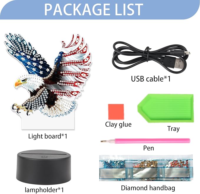 JISHSHAY Diamond Painting Night Light Diamond Art Table Lamps Gem Art LED Lights Gem Painting Desk Lamp Mosaic Kits for Adults DIY Kits for Adults with Special Shaped American Flag Eagle