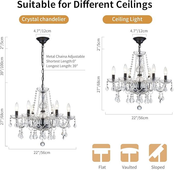 Crystal Chandelier Light Fixture, Modern K9 Crystal Chandeliers for Dining Room, 6-Lights Black Ceiling Light, Adjustable Hanging Pendant Light Fixture for Living Room Entryway Kitchen Island Hallway