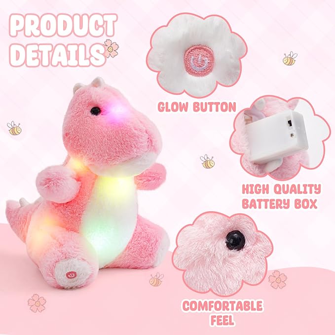 Glow Guards 12'' Light up Dinosaur Stuffed Animal, LED Soft Dinosaur Plush Toy with Magic Night Lights, Birthday Children's Day for Toddler Kids (Pink, LED)