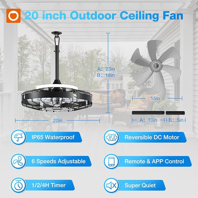 addlon 20" Outdoor Ceiling Fan with Light for Patio, IP65 Plug in Caged Fan | Waterproof, Hanging, Reversible DC Motor, 6 Speeds, Remote/APP Control, Quiet Operation, Timer, for Gazebo, Patio, Porch