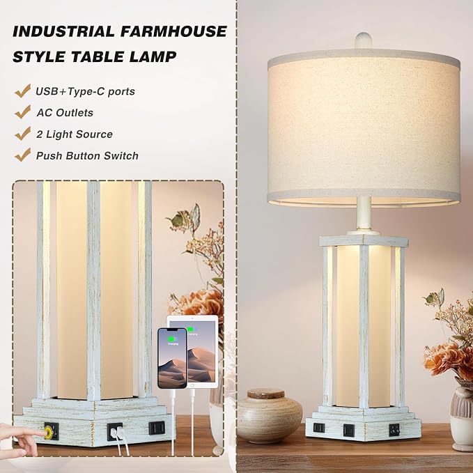 27" Tall Vintage Table Lamp Set of 2 with USB C+A & Outlet,Nightstand Lamp for Living Room,Bedside Lamps with Frosted Glass Night Light for Bedroom Entryway,White
