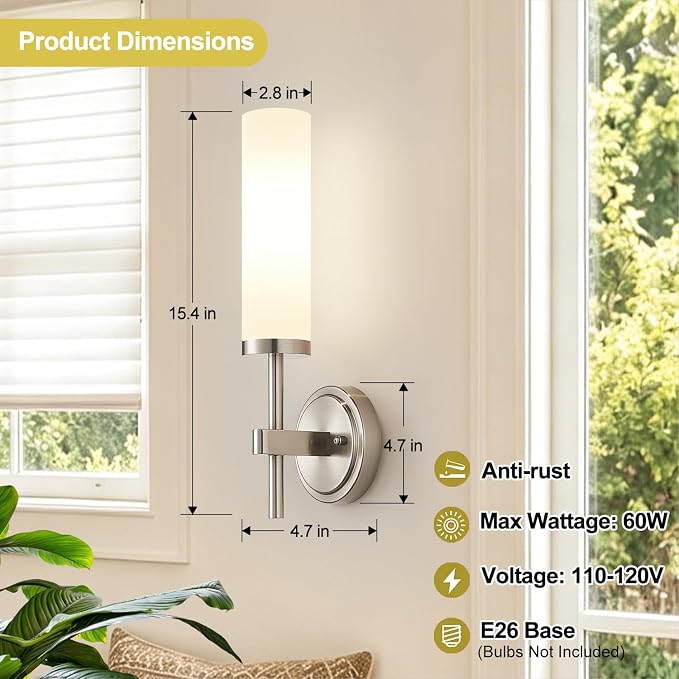 [Hardwired] Wall Sconces Set of Two, Brushed Nickel Bathroom Sconces with Milky White Glass, Modern Wall Light Fixtures for Bathroom Mirror Vanity, Living Room, Hallway, Stairway, Cabinet, Foyer
