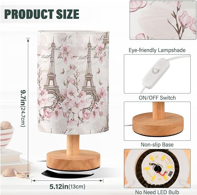 Vintage Pink Floral Eiffel Tower Table Lamp for Bedroom USB Port Lamps Small Accent Table Lamp Nightstand Lamp Study Linen Shade with Wooden Base, Decorative Lamps for Bedside Reading|Kids|Dorm|Home